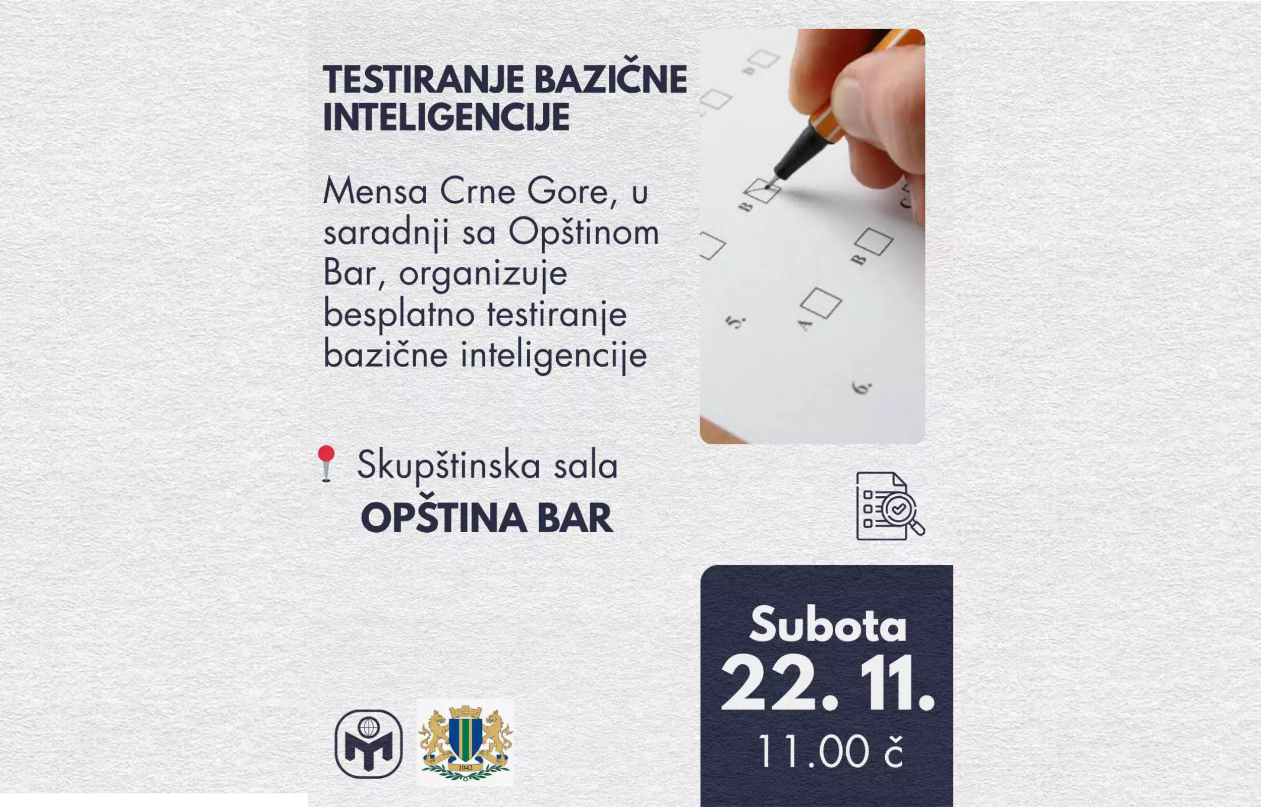 Besplatno testiranje bazične inteligencije u Baru 22. 11. 2025.