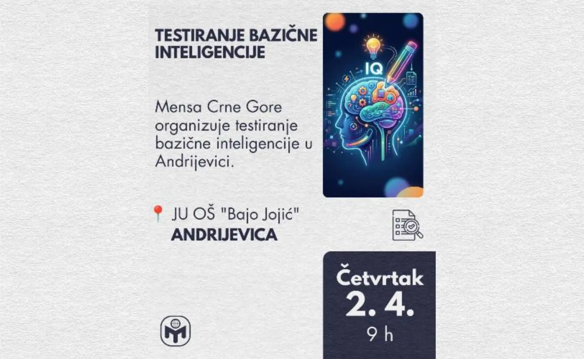 Testiranje bazične inteligencije u Andrijevici 2. 4. 2026.