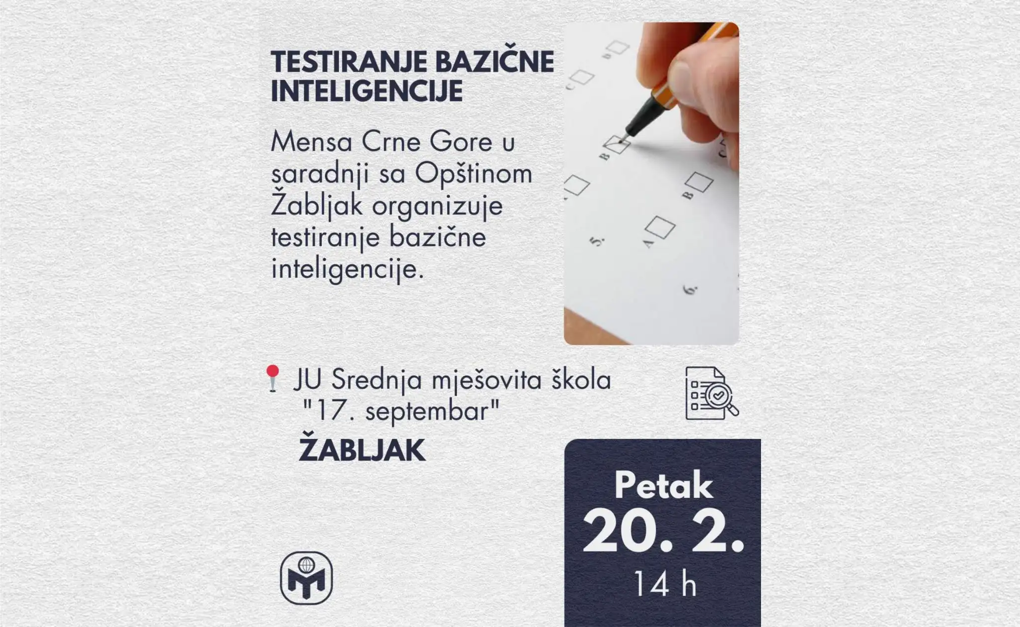 Testiranje bazične inteligencije na Žabljaku 20. 2. 2026. godine u 14 h